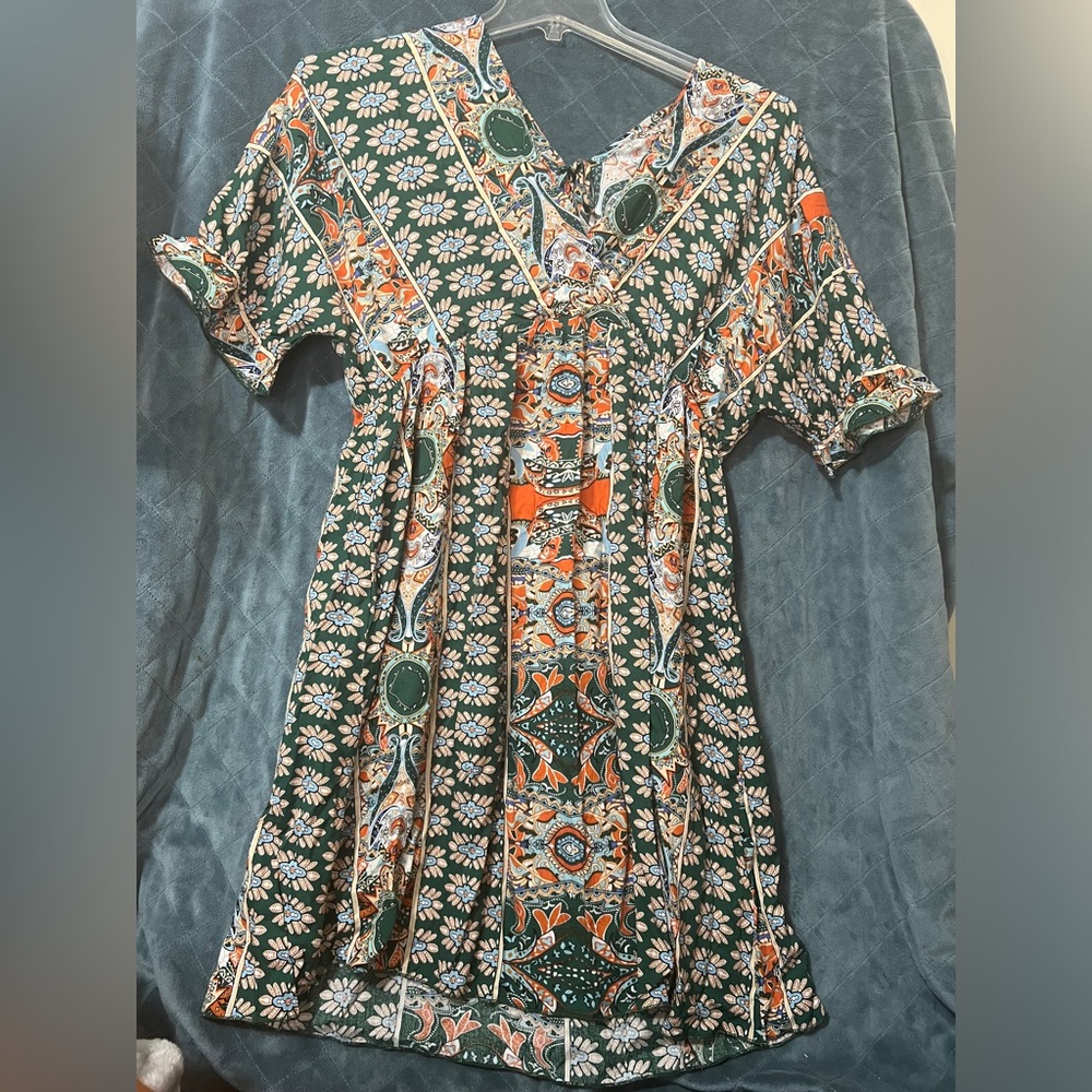Women's Unbranded Size Large Floral Paisley Printed Tie Neck Mini Dress